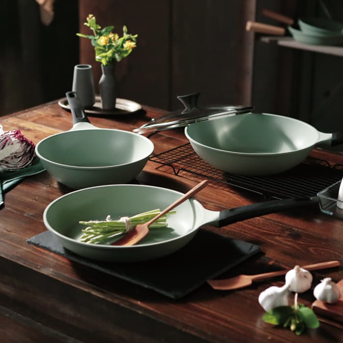 [슈퍼적립]통주물 프라이팬 인덕션 IH용 올리브 그린 2종 프라이팬28cm+웍팬28cm